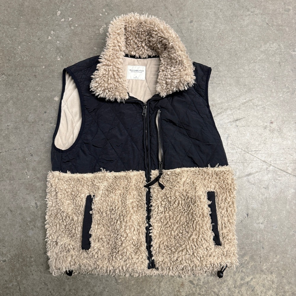 Abercrombie & Fitch‎ Soft A&F Mixed Media Quilted Sherpa Vest Black Tan Small